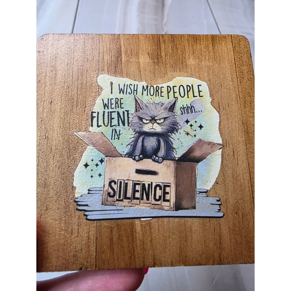 Grumpy Cat Wooden Coasters Set of 3 Snarky Humor Rustic Drink‎ Mats Brown F1